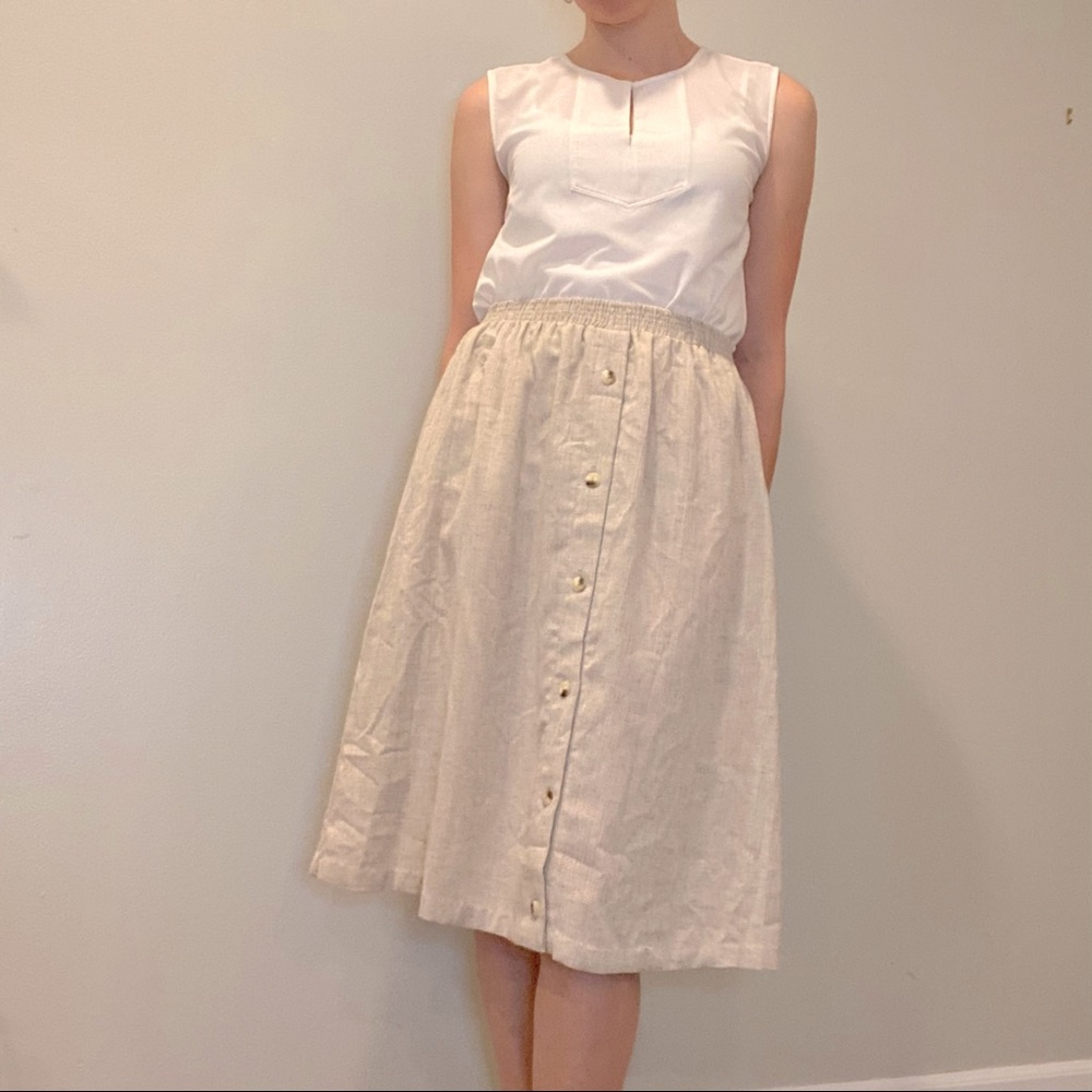 Vintage Flax Blend Made in USA Tan Beige Button Up Midi Skirt Elastic Waist
